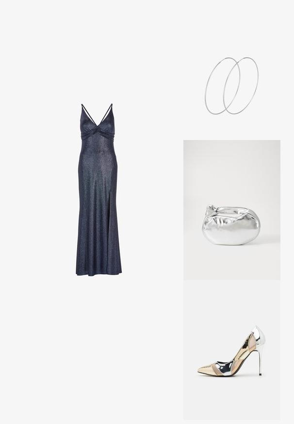 Lange, marineblauwe mouwloze jurk met een glimmende afwerking. Beschikt over een gegatherde buste en een zijsplit voor gemakkelijke beweging. Metallic accent in de stof.; Puntige hoge hak schoenen met een zilver, goud en nude kleurenschema. Glanzende afwerking met uitsnijdingen en een stiletto hak.; Zilveren metalen pouch bag met een zachte, afgeronde vorm en een geknoopte sluiting aan de bovenkant. Gemaakt van soepel faux leren materiaal.; Zilveren hoepel oorbellen met een minimalistisch ontwerp. Cirkelvormig, gladde textuur en dun profiel. Lichtgewicht met een gepolijste afwerking.