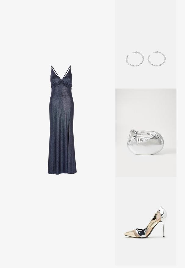 Dolga, mornarsko modra brezrokavna obleka z bleščečim zaključkom. Ima zbrano oprsje in stranski razporek za lažje gibanje. Metalni poudarek v tkanini.; Čevlji z visoko peto in konico, v barvni kombinaciji srebrne, zlate in nude. Sijajna obdelava z izrezljanim dizajnom, z igličasto peto.; Srebrna kovinska torbica z mehko, zaobljeno obliko in zavezano zgornjo zaporo. Narejena iz gladkega umetnega usnja.; Srebrni uhani v obliki obročka s spiralnim dizajnom, ki imajo sijajno površino in zapiralo na zadnji strani. Mere znašajo približno 3 cm v premeru.