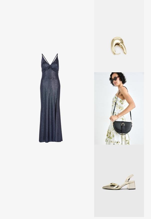 Lang, marineblå ermeløs kjole med en glitrende finish. Har en samlet byste og en sidesplitte for bedre bevegelsesfrihet. Metallisk detalj i stoffet.; Gull, metallisk slingback-hæler med spiss tå og chunky hæl. Glatt tekstur, minimalistisk design og en smal stropp.; Svart lærveske med en buet form, avtagbar stropp og gullbeslag. Vesken har et klaff med spenne-detall.; Gullfarget metalløredobber med et elegant, buet design. Har en karakteristisk spiss form, polert overflate og hengsel-lukking.