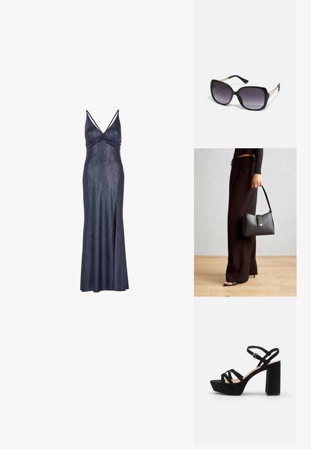 Ilga, tamsiai mėlyna be rankovių suknelė su blizgiu finišu. Yra susikaupusi krūtinėje ir šone įpjova, kad būtų lengviau judėti. Metalinis akcentas audinyje.; Juodos zomšinės platformos šlepetės su storu kulnu, turinčios kryžminius įtempimo dirželius ir sagtimi reguliuojamą kulkšnies dirželį saugiam prigludimui.; Juodos didelės saulės akinių su pereinamais objektyvais, storomis rėmeliais ir auksinės spalvos grandinėmis ant šventyklų.; Juodas rankinė struktūrizuota forma, lygi tekstūra ir metalinis užsegimas. Suporuota su plačiomis juodomis kelnėmis ir atvirais bateliais ant medinių grindų.