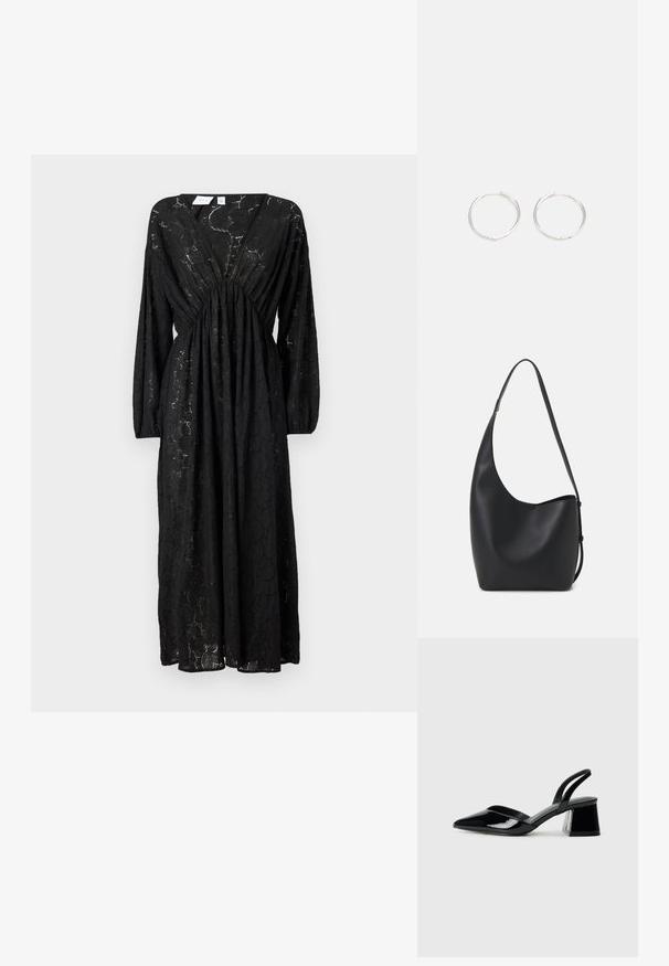 Juodas ilgas suknelis su gilia V formos iškirpte, surinkta juosmens dalimi ir tekstūruotu audiniu, turinčiu subtilų gėlių motyvą. Elegantiška, plazdanti siluetas.; Juodos lakuotos odinės šlepetės su smailiu pirštu ir geometriniu bloko kulnu. Turi elegantišką, minimalistinį dizainą ir lygų paviršių.; Juodas odinis hobo maišas su lygiu paviršiumi, kreipta forma ir viena reguliuojama rankena; turi platų atidarymą viršuje.; Sidabrinės auskarai žiedai su sėslia, apvalia forma, pasižymintys lygia paviršiumi ir be matomų puošmenų. Svoris nenurodytas.