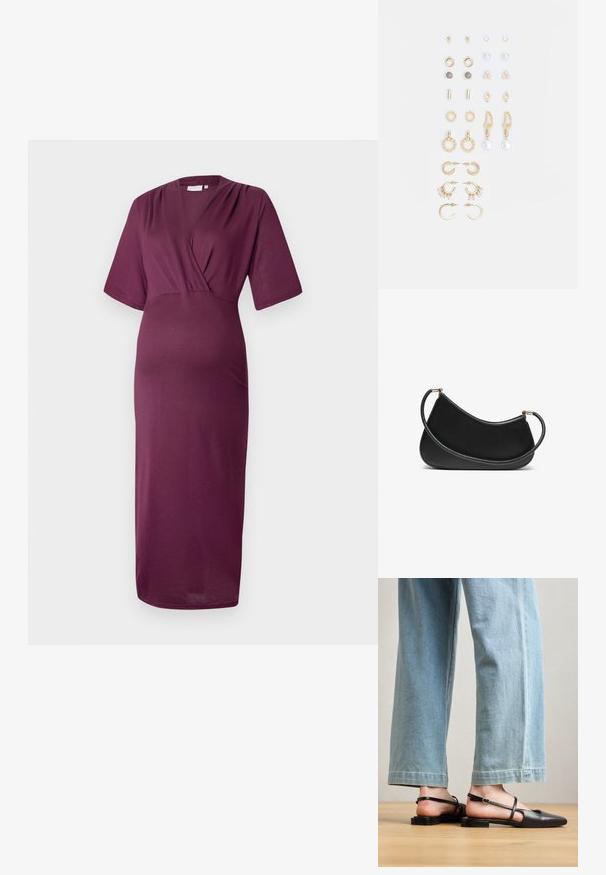 Šaty s výstrihom do V a krátkym rukávom v hlbokej burgundskej farbe. Vyrobené z mäkkého, elastického materiálu. Dizajn obsahuje priliehajúci živôtik a voľnú sukňu.; Čierne kožené sandále na opätku s špicatou špičkou, plochým podpätkom a remienkom okolo členka; nosené s svetlomodrými voľnými džínsami.; Čierna kožená taška cez rameno s zakriveným dizajnom, s textúrovaným popruhom a zlatými prvkami na hornej priehradke. Hladký povrch.; Súprava náušníc v zlatom odtieni obsahujúca rôzne dizajny, vrátane puzetových, kruhových a visiacich kúskov s perlami a rhinestones.