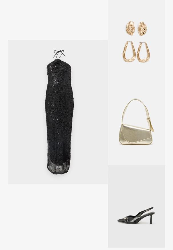 Must mustriga kleit halterneck disainiga, millel on istuv rinnaosa ja reie kõrgune lõhik, sile tekstuur ja läikiv viimistlus.; Must musta nahk kingad sanga ja terava ninaga, ankle strapidega, millel on hõbedased pandlad ja riistvara ning õhuke konts.; Kuldmetallist käekott, millel on struktureeritud disain, sile tekstuur ja reguleeritav rihm. Omab ainulaadset kolmnurkset kuju ja minimalistlikku õmblust.; Kuldse värvi kõrvarõngad, mis on kaunistatud tekstuursete ja laineliste kujunditega. Komplektis on skulpturaalsed klamber kõrvarõngad ja avatud rõngasdisain, millel on lõhestatud viimistlus.