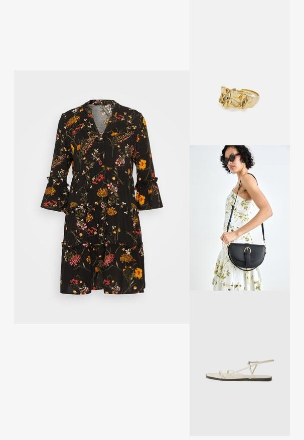 Črna obleka s cvetličnim vzorcem, ki ima oranžne, rožnate in rumene cvetove. Ima V-izrez, naborke na rokavih in večplastno zasnovo krila.; Beige ravne sandale z več tankimi trakovi in nastavljivim zaponcem. Podplat je raven z rahlo temnim kontrastom na robu.; Črna usnjena torbica s ukrivljeno obliko, z odstranljivo naramnico in zlatimi dodatki. Torbica ima pokrov s podrobnostmi v obliki zaponke.; Zlati prstan z teksturiranim, valovitim dizajnom, ki ima tri izrazite vrhove. Gladka, sijoča površina z odprtim pasom za prilagodljivo prileganje.