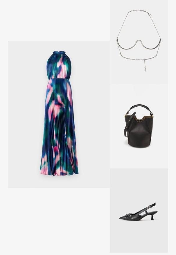 ML Monique Lhuillier JACQUELINE DRESS - Proginė apranga - watercolor sky; Juodas odinis slingback tipo batai su smailiu priekiniu atvartu, dekoratyvinėmis sagtimis su metaliniais akyčiais ir žemu blokiniu kulnu. Saldus paviršius.; Juodas odinis kibiro tipo krepšys su tekstūruotu paviršiumi, auksiniais detalėmis ir atvira viršūne. Yra trumpa rankena ir reguliuojama petneša.; Cult Gaia ASHA BODY JEWELRY - Kiti aksesuarai - bright shiny silver-coloured