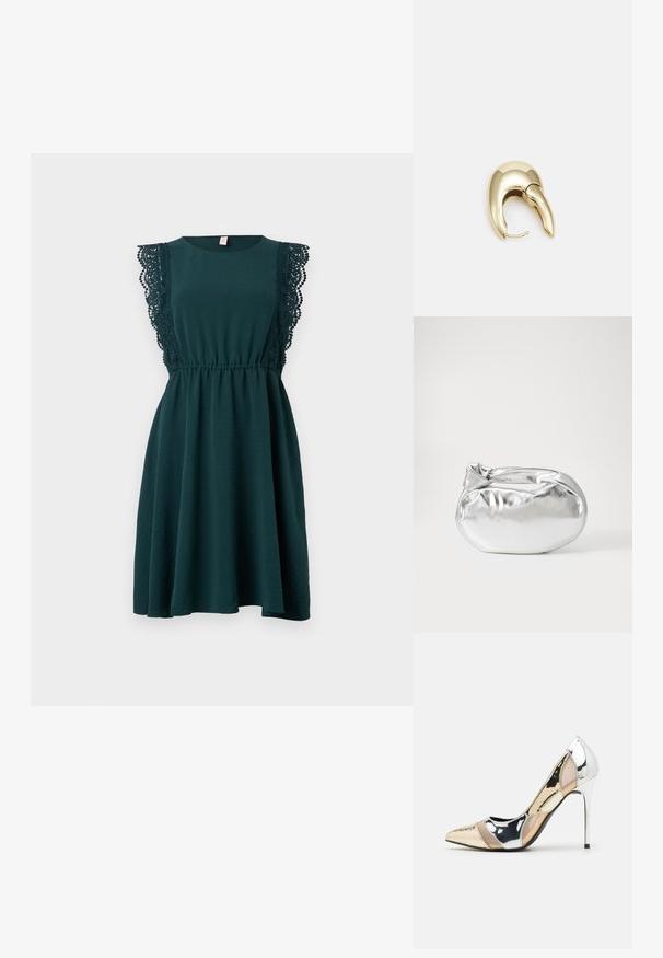 Zelena haljina bez rukava s čipkastim detaljima na ramenima, sakupljenim strukom i lepršavom suknjom. Izrađena je od mekog, teksturiranog materijala.; Cipele s visokom potpeticom i špicastim vrhom u srebrnoj, zlatnoj i nude boji. Sjajan finiš s izrezbarenim dizajnom, s potpeticom u obliku stiletto.; Srebrna metalik torbica s mekim, zaobljenim oblikom i čvorastim zatvaranjem na vrhu. Izrađena od glatke sintetičke kože.; Zlatne metalne naušnice s elegantnim, zakrivljenim dizajnom. Imaju karakterističan šiljast oblik, poliranu površinu i zatvaranje na šarku.