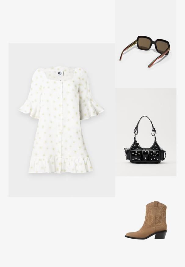 Weißes Kleid mit kurzen, ausgestellt geschnittenen Ärmeln, quadratischem Ausschnitt, Knopfleiste, rüschiertem Saum und einem Muster aus kleinen gelben Gänseblümchen.; Braune Wildleder-Westen-Stiefelette mit spitzem Zeh, besticktem Design und einem niedrigen, gestapelten schwarzen Absatz. Mit Zuglaschen für einfaches Anziehen.; Schwarze übergroße Sonnenbrille mit braunen Gläsern. Merkmale sind einzigartige gestreifte Bügel in Grün und Rot sowie goldene Hardware-Akzente. Quadratische Form.; Schwarze Lederhandtasche mit einem geschwungenen Design, verziert mit silbernen Nieten, einer Schnalle und zwei seitlichen Taschen. Verstellbarer Träger für verschiedene Tragemöglichkeiten.