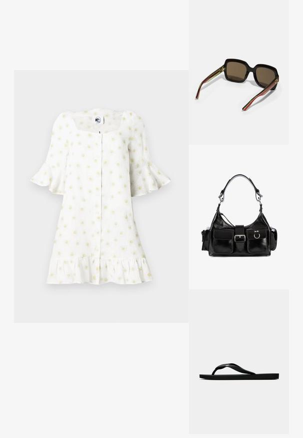 Rochie albă cu mâneci scurte evazate, decolteu pătrat, deschidere cu nasturi în față, tiv cu volane și un model de margarete galbene mici pe toată suprafața.; Sandala flip-flop din cauciuc negru, cu un bretele texturat și o talpă simplă și plată, prezentată din lateral pe un fundal simplu și deschis.; Ochelari de soare supradimensionați negri cu lentile maro. Dispun de brațe unice cu dungi în verde și roșu, precum și accente din metal aurie. Formă pătrată.; Geantă de mână din piele neagră cu un finisaj lucios, având un bănuț central, două buzunare frontale și o curea scurtă pentru umăr.