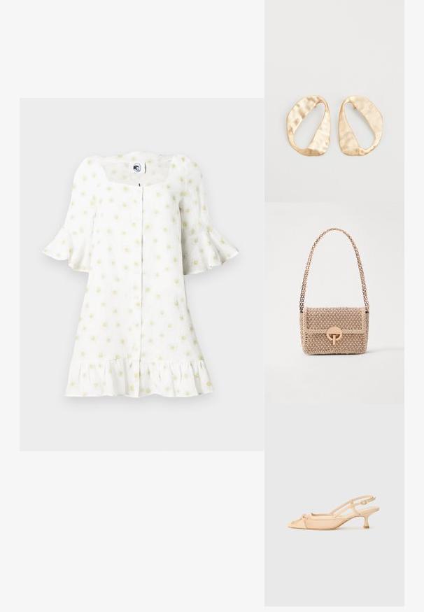 Balta suknelė su trumpomis plačiomis rankovėmis, kvadratine iškirpte, mygtukais užsegama priekyje, raukšlėtu sijonu ir nedidelių geltonų ramunių raštu visoje suknelėje.; Stuart Weitzman KITTY - Klasikiniai aukštakulniai - beige/barely beige; Vanessa Bruno MOON - Rankinė per petį - beige/ivoire; Nedidelis nereguliarus ovalo formos aukso tono metalinių auskarų pora su tekstūruota, šiek tiek kalta paviršiumi ant balto fono.