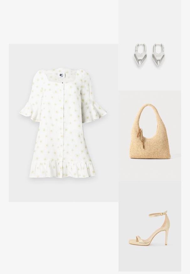 Bijela haljina s kratkim lepršavim rukavima, kvadratnim dekolteom, prednjim kopčanjem na gumbe, volanima na rubu i uzorkom malih žutih tratinčica po cijeloj haljini.; Zlatne metalik sandale na visokom petu s otvorenom nožnom prstom, remenom oko gležnja s kopčom i platformom za dodatnu visinu. Glatka tekstura.; Tkanina bežna torba s zakrivljenim ručkom, teksturiranom površinom i smeškom smeškom od smeđe boje. Ima opušten oblik hobo torbe.; Srebrni padlockovi u obliku srca s ugraviranim tekstovima "DA" i "NE", s poliranim završnim obradama, simetričnim dizajnom i robusnim metalnim kopčanjem.