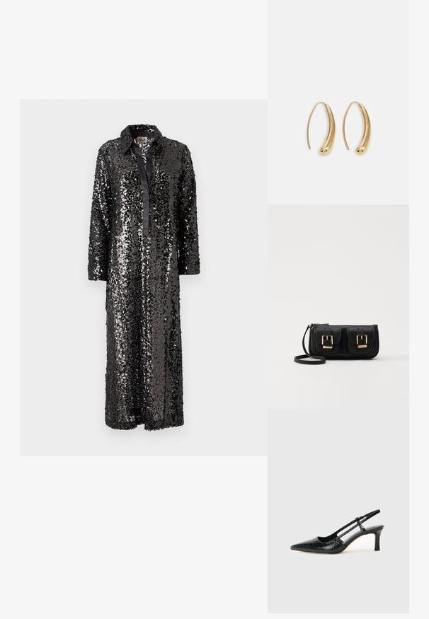 Robe longue noire ornée de sequins avec un col et une fermeture à boutons sur le devant, dotée de manches longues et d'une finition en satin lisse.; Escarpin slingback en vernis noir avec un bout pointu, présentant un imprimé serpent texturé, une sangle réglable et un petit talon bloc texturé.; Sac en cuir noir porté en travers avec deux poches avant, boucles dorées, fermeture zippée et une sangle fine. Surface texturée et forme rectangulaire compacte.; Boucles d'oreilles en métal doré en forme d'anneau, avec une forme courbée et allongée. Elles présentent une surface lisse et brillante avec une pointe arrondie pour un détail supplémentaire.