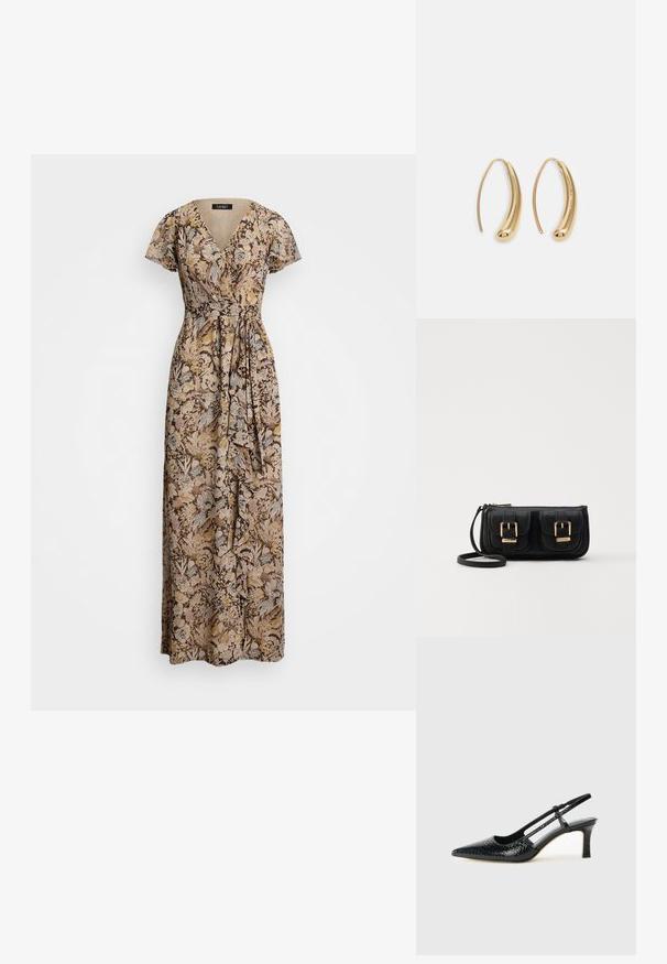 Maxi suknelė su apvyniojimo dizainu, trumpomis skraidančiomis rankovėmis, gėlių raštu rudos, geltonos ir mėlynos spalvų atspalviuose, ir savarankiškai surišama juosta liemenyje.; Juodai lakuoti slingback aukštakulniai su smailiu nosiu, su tekstūruotu gyvatės raštu, reguliuojama juosta ir trumpu, tekstūruotu blokiniu kulnu.; Juodas odinis per petį nešiojamas krepšys su dviem priekiniais kišenėmis, auksiniais sagtimis, užtrauktuko uždarymu ir siauromis petnešomis. Textūruota paviršius ir kompaktiškas stačiakampis formatas.; Auksinės metalinės auskarų kabės su lenktą, pailgą forma. Turi lygų, blizgantį paviršių ir užapvalintą galiuką papildomam akcentui.