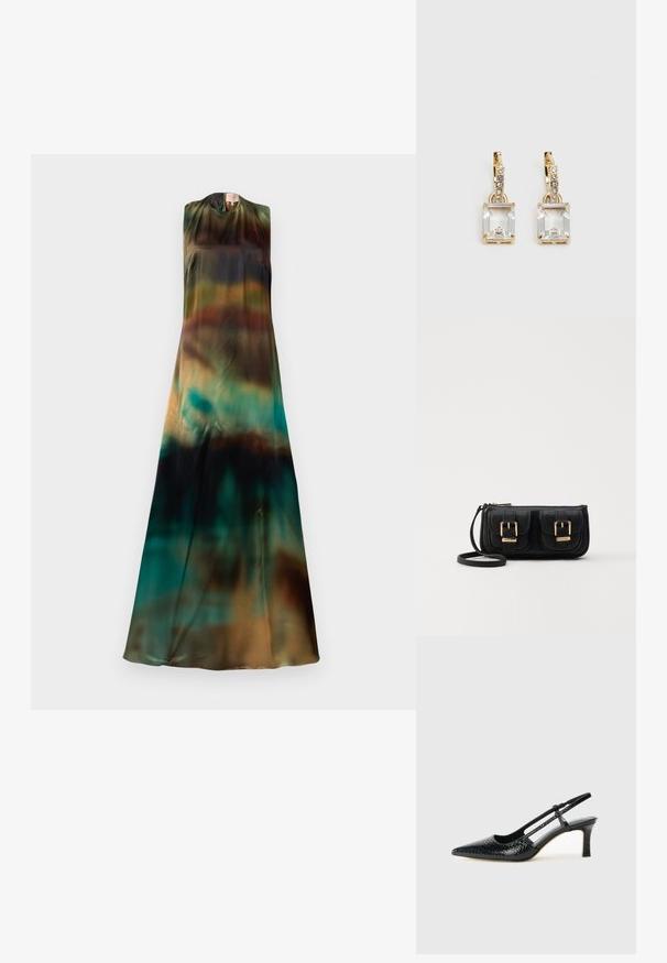 Rochie fără mâneci, dintr-un material fluid și ușor. Prezintă un gradient de tonuri pământii, trecând de la verde profund la maro și teal.; Pantofi cu toc slingback negri din patent, cu vârf ascuțit, cu imprimeu de șarpe texturat, curea ajustabilă și toc scurt texturat.; Geantă neagră din piele, tip crossbody, cu două buzunare frontale, catarame aurii, închidere cu fermoar și o curea subțire. Suprafață texturată și formă rectangulară compactă.; Cercei aurii care prezintă un cristal clar, rectangular, suspendat sub un rând de accente mici, rotunde, clare. Design elegant și modern.