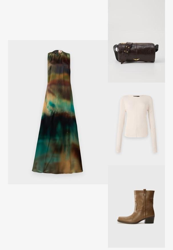 Ujjatlan ruha folyékony, könnyű anyagból. Földszínek átmenete jellemzi, mélyzöldből barna és türkizkék felé haladva.; Hosszú ujjú, világos bézs blúz kerek nyakkivágással. Puha anyagból készült, középső varrással és enyhén ívelt szegéllyel rendelkezik. Nincs rajta látható fémrész.; Barna bőrből készült bokacsizma négyzet alakú orral, texturált felülettel és alacsony, rakott sarkával. Hátsó húzófüllel és finom varrási részletekkel rendelkezik.; Barna krokodilbőr hatású bőr táska henger alakú, arany tónusú fémveretekkel és lecsatolható, szegecsekkel díszített pánttal.