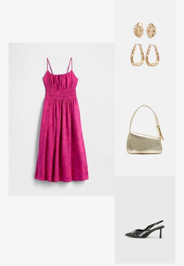 Rosa strandkjole med spaghettistropper, rynket liv og flytende skjørt. Har et subtilt løvmønster for ekstra tekstur.; Sorte patentlær slingback-sko med spiss tå, ankelremmer med sølvspenner og detaljer, og en slank hæl.; Gullfarget metallisk håndveske med en strukturert design, glatt tekstur og justerbar stropp. Har en unik trekantet form og minimalistisk søm.; Gullfargede øredobber med teksturerte, bølgete former. Inkluderer skulpturelle klipsstuds og åpen hoop-design med en hamret finish.