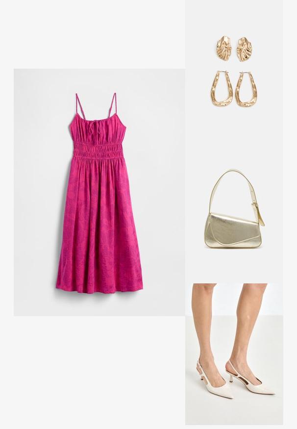 Ružové plážové šaty s tenkými ramienkami, naštieptaným živôtikom a prúdiacou sukňou. Obsahujú jemný vzor listov pre pridanie textúry.; Bežové lakované lodičky na podpätku so špicatou špičkou a 5 cm podpätkom, s výrezmi po stranách a tenkým remienkom okolo členka.; Zlatá metalická kabelka so štruktúrovaným dizajnom, hladkou textúrou a nastaviteľným popruhom. Obsahuje jedinečný trojuholníkový tvar a minimalistické šitie.; Náušnice v zlatej farbe s textúrovanými, vlnitými tvarmi. Obsahujú sochárske klipsové náušnice a otvorený tvar krúžku s kladivkovým povrchom.