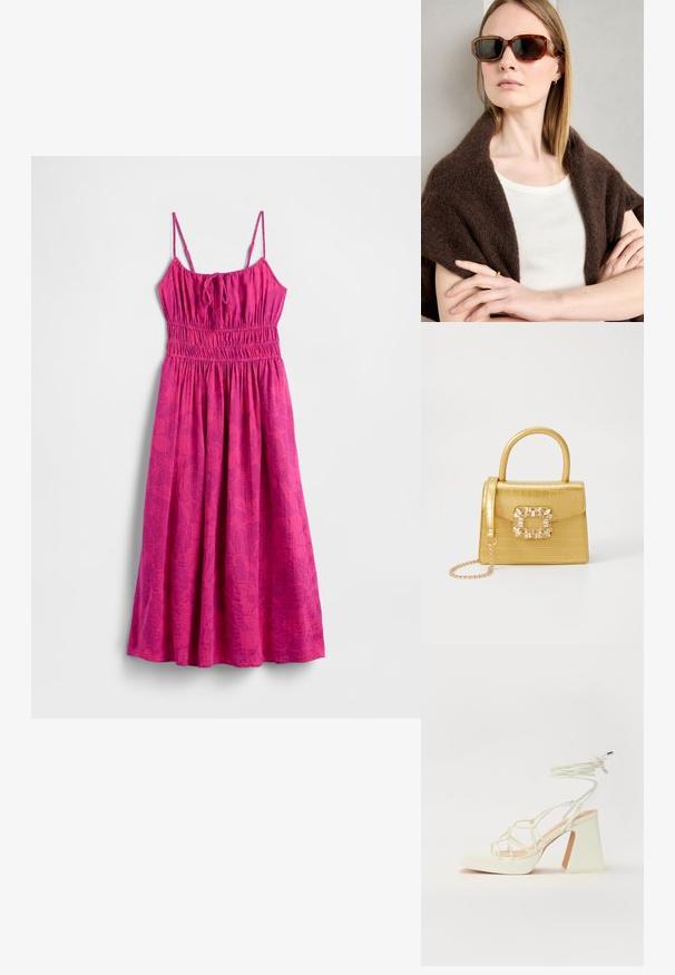 Vaaleanpunainen rantamekko, jossa on ohuet olkaimet, nyörityksellä muotoiltu yläosa ja liehuva helma. Sisältää hillityn lehtikuvion lisätekstuuria varten.; Valkoinen korkokenkä, jossa on paksu korko, ja joka sisältää nauhakiinnityksen ja nilkkaketjun. Sujuva pinta, jossa on platform-etupohja lisäkorkeutta varten.; Ruskean kilpikonnakuosiset aurinkolasit kulmikkailla kehyksillä, tummilla linsseillä ja metallikoristeilla. Yhdistettynä vaaleaan paitaan ja tummaseen huiviin.; Keltainen keinonahkainen krokotiililaukku, jossa on jämäkkä muotoilu, yläkahva, irrotettava ketjusanka ja koristeellinen kristallikoristelu lukossa.