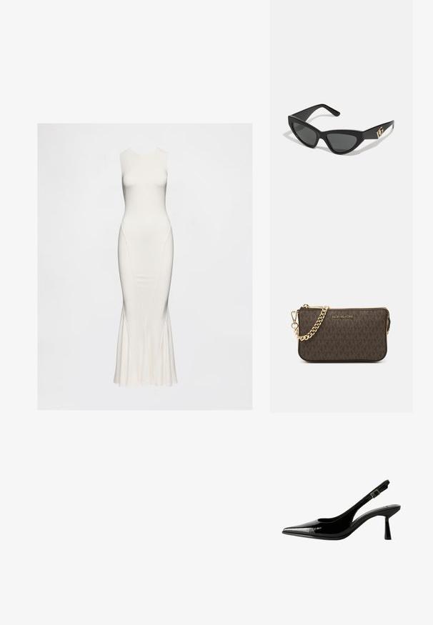 Rochie albă fără mâneci, realizată dintr-un material fin. Prezintă un corset ajustat și o tiv flared cu cusături laterale subtile. Siluetă lungă și elegantă.; Pantofi cu toc slingback din piele patent neagră, cu vârf ascuțit, laterale decupate, curea la gleznă ajustabilă și toc subțire, elegant.; Ochelari de soare tip cat-eye cu un cadru din plastic mat de culoare neagră, lentile întunecate și un accent de logo aurit pe tâmple. Design unghiular și textură netedă.; Geantă de umăr din piele maro, cu model logo, curea cu lanț aurit, închidere cu fermoar și accente aurii. Formă compactă și rectangulară.
