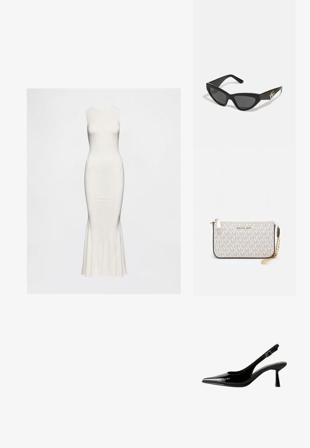Valkoinen hihaton mekko, joka on valmistettu sileästä kankaasta. Mekossa on napakka vartalo-osa ja leveä helma, jossa on hienovaraista saumausta sivuilla. Pitkä ja elegantti siluetti.; Musta lakattu nahkasaapas, jossa on teräväkärkinen malli, leikattuja sivuja, säädettävä nilkkain ja ohut, virtaviivainen korko.; Aurinkolasit kissansilmällä, joissa on matta musta muovikehys, tummat linssit ja kultainen logokiinnitys temppeleissä. Kulmikas muotoilu ja sileä pinta.; Michael Kors kääröbeige pinnoitettua kangasta, jossa on toistuva MK-logo -kuvio, kultaiset yksityiskohdat ja irrotettava ketjuhihna.