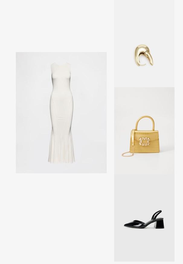 Bez piedurknēm, balta kleita, kas izgatavota no gludas auduma. Piedāvā pieguļošas iegurnis un izplestu apakšmali ar smalkiem sānu šuvēm. Gara un eleganta silueta.; Melna lakota āda ar atvērto papēdi, ar smailu purngalu un ģeometrisku blokpapēdi. Iezīmējas elegants, minimāls dizains un gluda tekstūra.; Dzeltena mākslīgā krokodila roku soma ar strukturētu dizainu, augšējo rokturi, noņemamu ķēdes siksniņu un dekoratīvām kristāla rotājumiem aizdares daļā.; Zeltīti metāla auskari ar gludu, izliekta dizaina. Ar atšķirīgu smailu formu, pulētu virsmu un eņģu aizdari.