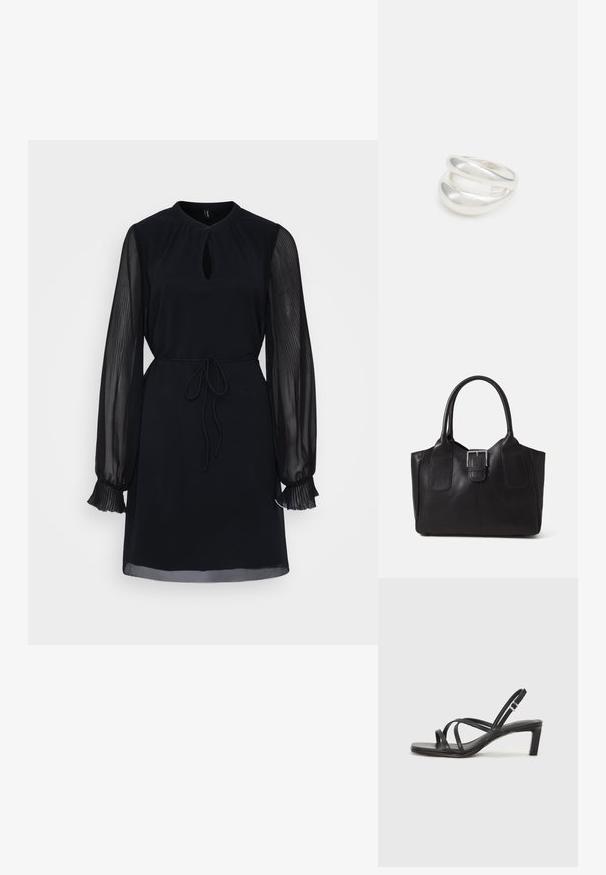 Melna kleita ar atslēgas caurumu kaklā, garām caurspīdīgām plīsētām piedurknēm, pieguļošu vidukli un taisnu apakšmali. Izgatavota no mīksta auduma ar gludu tekstūru.; Melnas strappy sandales ar kvadrātveida purngaliem un zemu bloku papēdi. Ievērojamas ar vairākiem plāniem siksniņām un regulējamu potītes siksniņu. Izgatavotas no gludas ādas.; Melnas ādas somiņa ar gludu tekstūru, strukturētu formu, divām rokturām un izteiktu sudraba sprādzi priekšpusē.; Sudraba divu joslu gredzens ar gludu, pulētu virsmu. Iezīmējas ar plūstošu, izliekta dizaina struktūru ar pārklājošām sekcijām modernam izskatam.