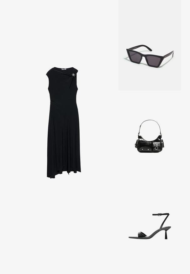 Črna obleka iz gladkega materiala, ki ima enostranski oblikovanje, drapirano krilo in okrasno srebrno broško na rami.; Bershka Sandali z visoko peto - black; Črne, angularne sončne očala z sivimi lečami; izdelana iz plastike, imajo debele ročke z gladko površino in brez vidne opreme.; Črna lakasta usnjena torbica s ukrivljeno obliko, enim ramenskim trakom, sprednjimi žepi in srebrnimi kovinskimi dodatki.
