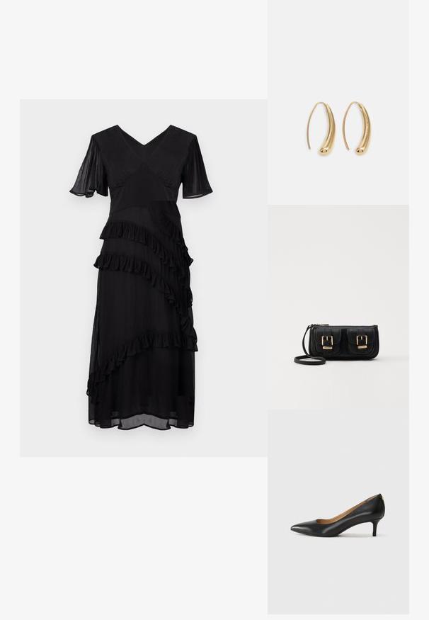 Černé šaty z jemného materiálu, s výstřihem do V, krátkými volánovými rukávy a vrstvami volánků, které splývají dolů po přední části.; Černé kožené lodičky s špičatou špičkou, nízkým podpatkem a hladkým povrchem. Mají mírné otevření vpředu a minimální kovové prvky na zadní straně.; Černá kožená crossbody taška se dvěma předními kapsami, zlatými přezkami, zipovým uzávěrem a štíhlým popruhem. Texturovaný povrch a kompaktní obdélníkový tvar.; Náušnice ve tvaru kruhu z pozlaceného kovu s vroubkovaným, prodlouženým tvarem. Mají hladký, lesklý povrch a zaoblený konec pro zvýraznění detailu.