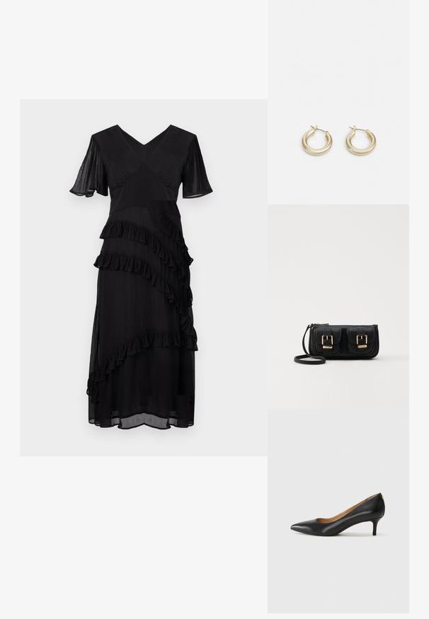Fekete midi ruha V-nyakkivágással, rövid fodros ujjal és átlós réteges fodros díszítéssel az elülső részen és a szoknyán.; Fekete bőrpumpa hegyes orral, alacsony sarokkal és sima felülettel. Elöl enyhe nyílással rendelkezik, hátul pedig minimális részletezéssel.; Fekete bőr keresztbody táska két elülső zsebbel, arany csattokkal, cipzáras záródással és vékony pánttal. Textúrált felület és kompakt téglalap alak.; Lauren Ralph Lauren BASIC SMALL HOOP - Fülbevalók - gold-coloured