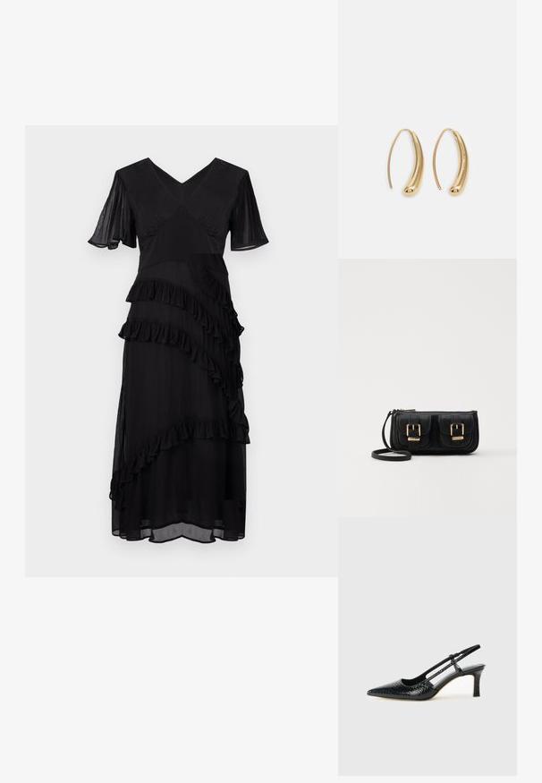 Abito nero in tessuto trasparente, con scollatura a V, maniche corte a volant e strati di rouches che scendono lungo la parte anteriore.; Slingback con tacco in vernice nera con punta affusolata, caratterizzato da una stampa a serpente testurizzata, cinturino regolabile e un tacco corto e testurizzato.; Borsa a tracolla nera in pelle con due tasche frontali, fibbie dorate, chiusura con zip e una tracolla sottile. Superficie texturizzata e forma rettangolare compatta.; Orecchini a cerchio in metallo color oro con forma curva ed allungata. Presentano una superficie liscia e lucida e una punta arrotondata per un tocco di dettaglio in più.
