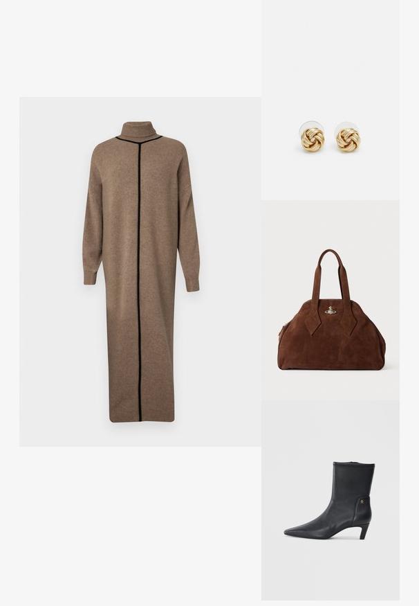 Rochie tricotată maro cu guler înalt și mâneci lungi. Prezintă o cusătură verticală contrastantă de culoare neagră pe față. Croi lejer, drept.; Botine din piele neagră cu vârf ascuțit și toc mic. Au o textură netedă și un detaliu mic cu un logo auriu pe lateral.; Geantă din suede maro, cu o formă structurată, un corp rotund și mânere lungi în formă de diamant. Dispune de o închidere din metal argintiu.; Cercei cu tija aurie, cu un design răsucit. Fiecare cercel are un fundal circular transparent pentru o purtare sigură.