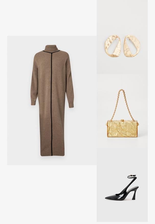Robe en tricot marron avec un col montant et des manches longues. Présente une couture verticale noire contrastante sur le devant. Une coupe droite et décontractée.; Escarpins noirs en cuir verni avec un bout pointu, sangle ajustable à la cheville et un talon bloc modéré. Texture lisse avec finition brillante.; Sac à main en or avec une texture froissée, de forme rectangulaire, doté d'une chaîne en bandoulière et d'une fermeture à clapet sur le dessus. Fini lisse et brillant.; Une paire de boucles d'oreilles en métal doré, de forme ovales irrégulières, avec une surface texturée et légèrement martelée sur fond blanc.