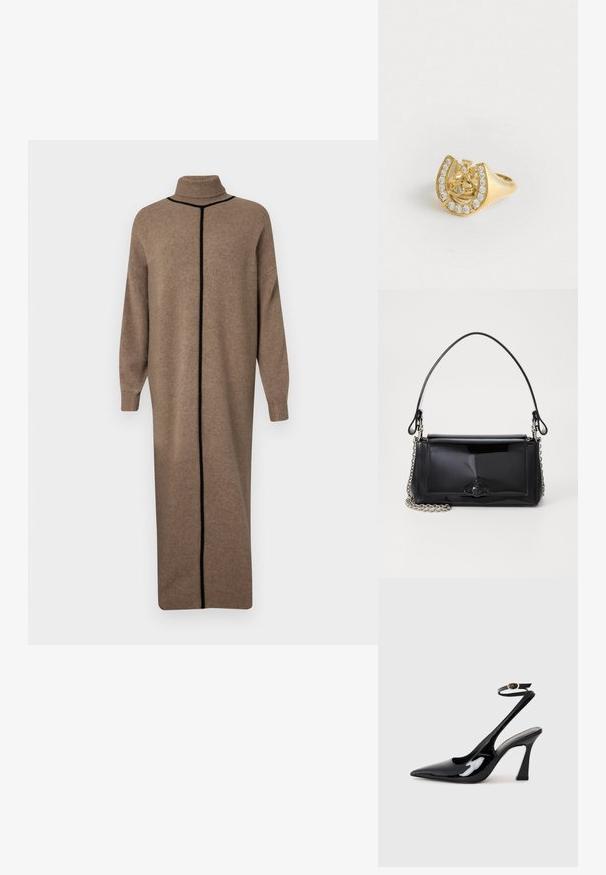 Ruda megzta suknelė su aukštu apykakle ir ilgomis rankovėmis. Išsiskiria kontrastinga juoda vertikalia siūle per priekį. Laisvas, tiesus siluetas.; Juodai lakuoti slingback aukšti kulniukai su smailiu nosiu, reguliuojama čiurnos juostele ir vidutinio dydžio blokiniu kulnu. Lygus paviršius su blizgiu apdaila.; Juodas lakinės odos rankinės ilgis stačiakampis, su grandinėlės dirželiu ir išskirtiniu metaliniu akcentu centre. Lygus paviršius.; Aukso žiedas su karūnos dizainu viduje arkadijos, papuoštas mažomis skaidriomis brangakmenių, baltame fone.