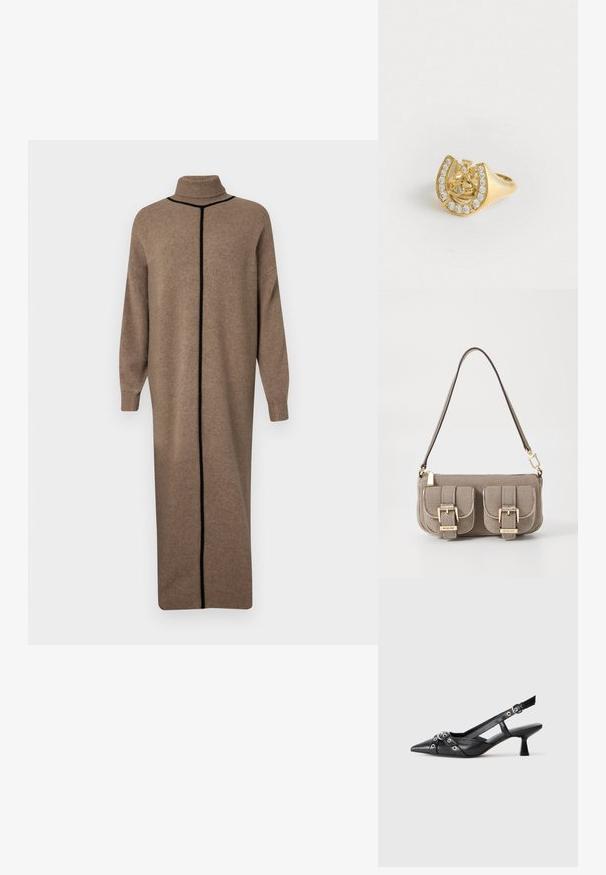 Abito lavorato a maglia marrone con un colletto alto e maniche lunghe. Caratterizzato da una cucitura verticale nera a contrasto lungo la parte anteriore. Vestibilità ampia e dritta.; Scarpa slingback nera in pelle con punta affusolata, cinturini decorativi con occhielli metallici e tacco basso a blocco. Superficie testurizzata.; Borsa a tracolla beige con texture, cinturino regolabile, due tasche frontali chiuse da fibbie e dettagli in metallo dorato. Chiusura a zip nella parte superiore.; Anello d'oro con un design a corona all'interno di un ferro di cavallo, decorato con piccoli gemmi trasparenti, su uno sfondo bianco.