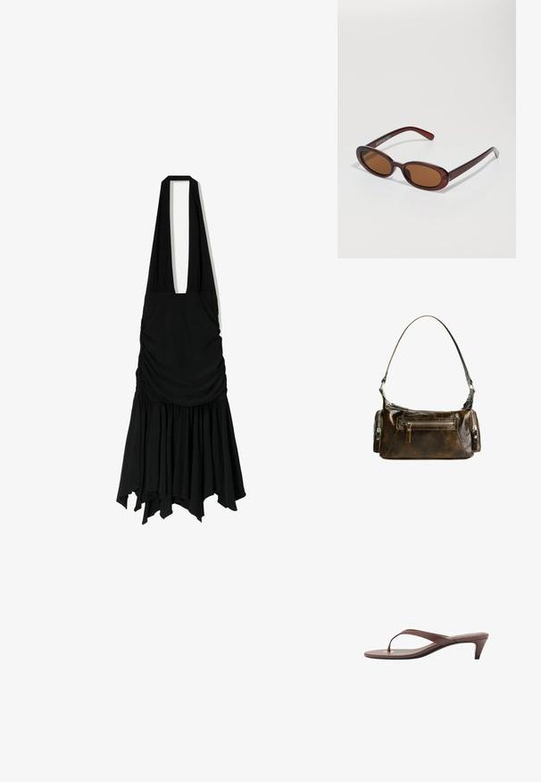 Rochie neagră cu gât halter, corset plisat și tiv evazat. Fabricată dintr-un material moale, prezintă margini inegale și fluxuale.; Sandaș cu toc înalt, de culoare maro, cu o curea subțire și vârf rotunjit, având un mic accent auriu pe talpa interioară.; Ochelari de soare rotunzi, cu nuanțe de brown și cu un cadru lucios de burgund. Brațe subțiri cu detalii subtile de branding. Design cu lentile plate.; Geantă din piele maro cu o formă curbată, accesorii din argint și două buzunare cu fermoar în față. Include o curea de umăr ajustabilă.