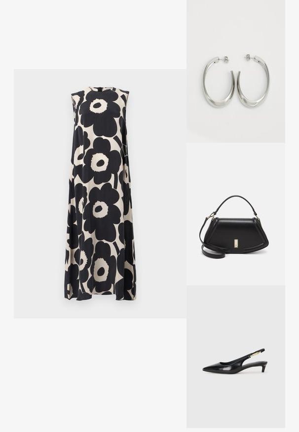 Marimekko MIGOT UNIKKO - Maksimekko - dark grey/light beige; Mustat nahkaiset slingback-korkokengät, joissa on terävä kärki, ohuet korot ja kultasävytteinen yksityiskohta säädettävässä hihnassa. Silkkinen pinta.; Mustalla nahkalaukulla, jossa on jämäkkä muotoilu, lyhyt malli, yläkahva ja kultaiset yksityiskohdat. Säädettävä olkahihna sisältyy.; Hope hopeista, joissa on sileä, kaareva muotoilu. Varustettu kiiltävällä metallipinnoitteella ja nappikiinnityksellä. Ei näkyviä kuvioita tai koristeluja.