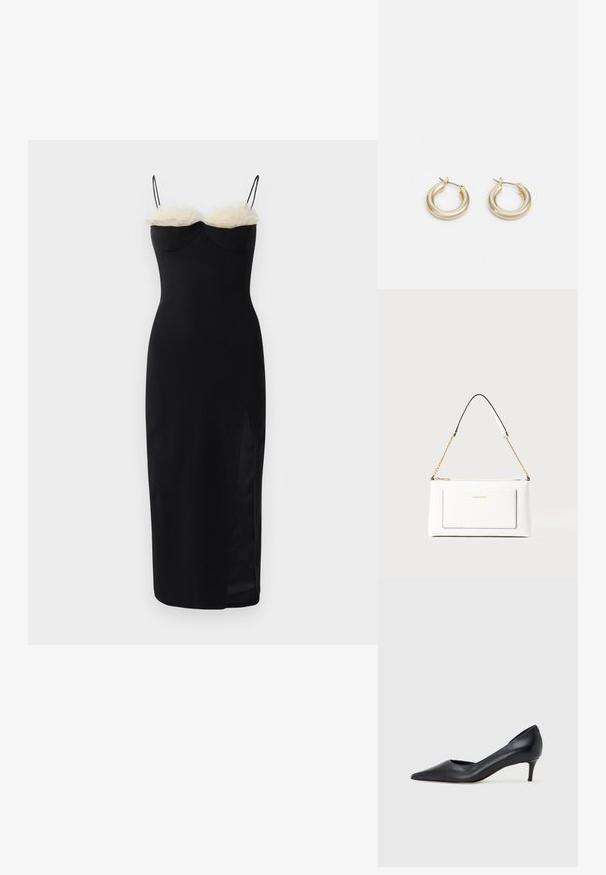 Black bodycon dress with spaghetti straps, featuring a tier of white faux fur at the neckline and a side slit. Smooth, stretchy fabric.; Black leather pump with a pointed toe and low heel. Features a smooth texture and subtle sheen. Open cut at the front for added detail.; White leather handbag with a textured finish, featuring a gold chain strap and black accents. Includes a front pocket and zipper closure.; Lauren Ralph Lauren BASIC SMALL HOOP - Earrings - gold-coloured