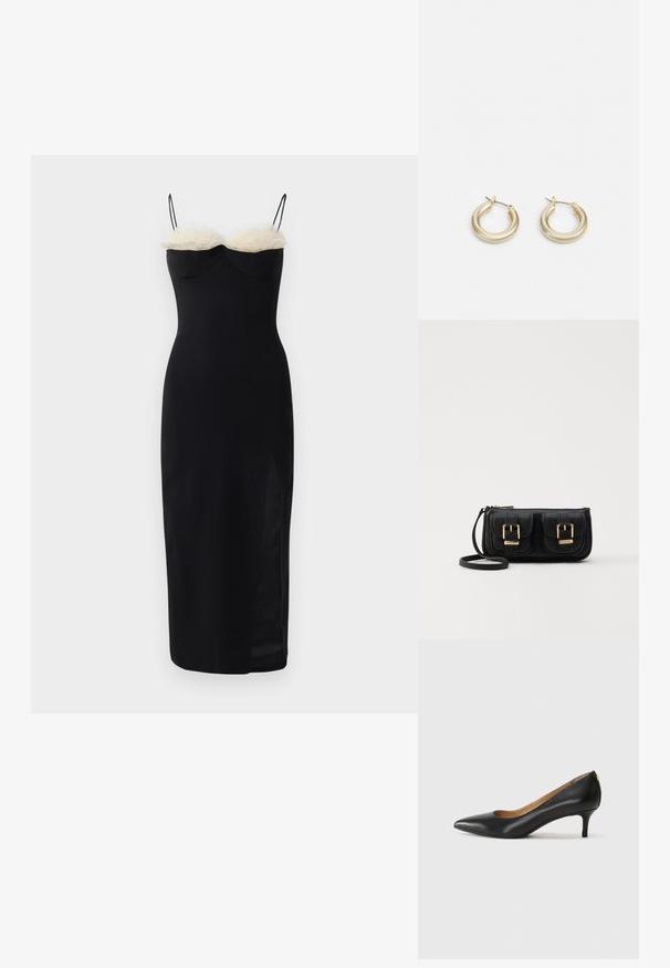 Čierne bodycon šaty s tenkými ramienkami, s bielou umelou kožušinou na dekolte a bočným rozparkom. Hladká, elastická látka.; Čierny kožený podpatek s špicatou špičkou, nízkym opätkom a hladkým povrchom. Obsahuje mierne otvorenie vpredu a minimálne kovové detaily na zadnej strane.; Čierna kožená crossbody taška s dvoma prednými vreckami, zlatými sponami, zipsovým uzatváraním a úzkym popruhom. Štruktúrovaný povrch a kompaktný obdĺžnikový tvar.; Lauren Ralph Lauren BASIC SMALL HOOP - Náušnice - gold-coloured