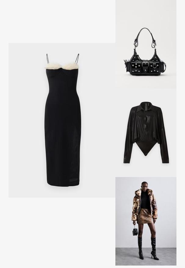 Rochie bodycon neagră cu bretele subțiri, având un strat de blană artificială albă la decolteu și o fenta laterală. Material neted și elastic.; Body negru cu mâneci lungi, decolteu în V și o siluetă ajustată. Fabricat dintr-un material lucios și neted, cu guler structurat și manșete.; Jachetă puffer cu un model maro și negru, asortată cu o fustă mini din piele de șarpe maro, cizme negre până la genunchi și o geantă mică neagră.; Geantă de piele neagră cu un design curbat, dotată cu studuri argintii, o cataramă și două buzunare laterale. Curea ajustabilă pentru opțiuni de transport.