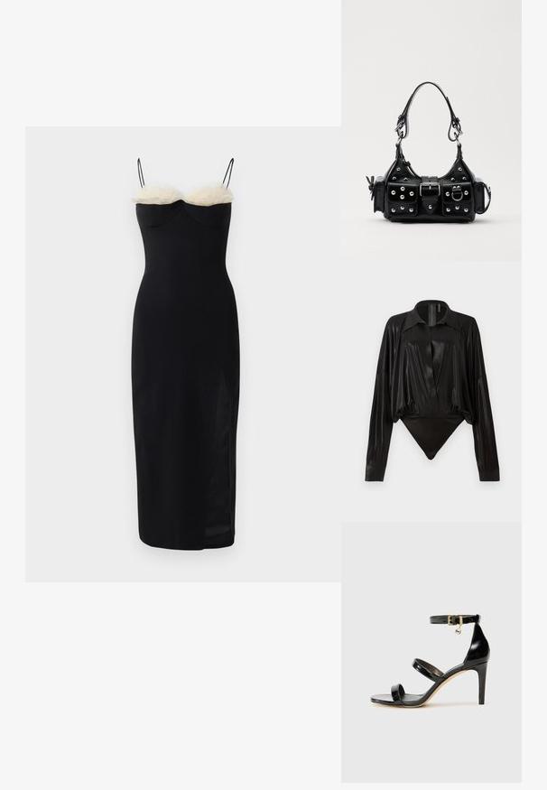 Fekete testhez simuló ruha spagetti pántokkal, fehér műszőrme réteggel a nyaklánál és oldalsó hasítékkal. Simább, rugalmas anyag.; Fekete egyrészes ruházat hosszú ujjakkal, V-kivágással és testhez simuló fazonnal. Fényes, sima anyagból készült, strukturált gallérral és mandzsettákkal.; Fekete lakk bőr szandál három pánttal, bokapánttal és 10 cm magasságú tűsarokkal. Arany színű részletekkel és logó charm-mal rendelkezik.; Fekete bőr kézitáska ívelt designnal, ezüst szegecsekkel, csattal és két oldalsó zsebbel. Állítható vállpánt a hordozási lehetőségekhez.