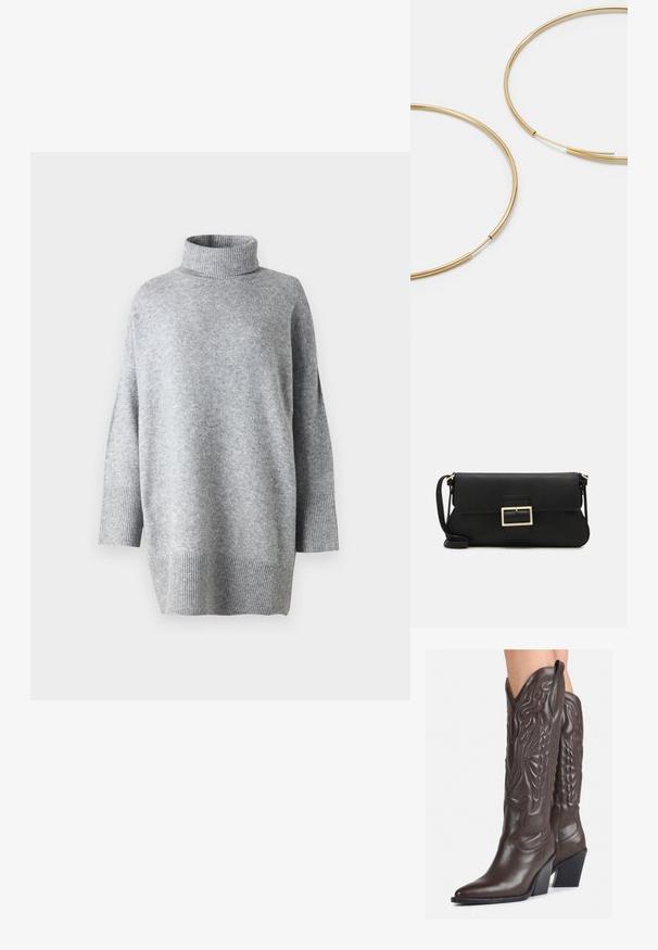 Pilkas džemperis su aukštu kaklu, pagamintas iš tekstūruoto mezgimo audinio, su trimis ketvirtadaliais rankovėmis ir raukšlėmis ant rankovių, laisvu siluetu ir šoninėmis skeltukais.; Rudos odinės kaubojaus batai su smailiu priekiu ir blokuotu kulnu, pasižymintys detaliu siuvinėjimu ir iškiliais akcentais ant ašies.; Juodas odinis dėkliukas su atvarteliu ir auksinės metalinės sagties detalėmis. Įeina juodas diržas ir elegantiškas, minimalistinis dizainas.; Aukso spalvos žiedo auskarai, ploni ir apvalūs, su lygiu metaliniu paviršiumi be papuošimų ar raštų.