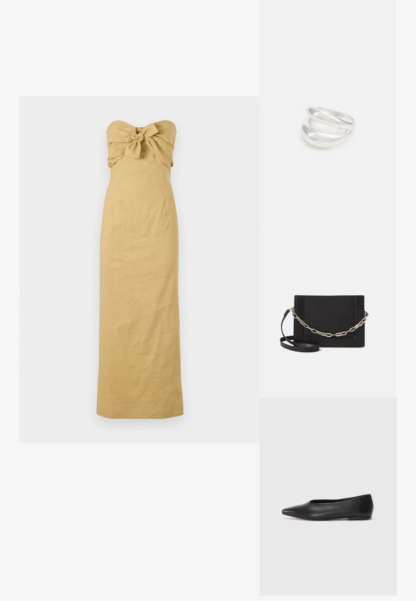 Ilga suknelė be petnešų šviesiai rudos linijos, su mazgu dekoruotu kaklu ir tiesia siluetu, besitęsiančia iki kulkšnies.; Juodas odinis baleto batas, su smailiu pirštu, minimalistinio dizaino, lygiu paviršiumi, žemo profilio kulnu, be matomos aparatūros ar papuošimų.; Juodas odinis per petį nešiojamas krepšys turi lygų paviršių, stačiakampio formą ir metalinę grandinėlę priekyje. Pridedama reguliuojama dirželis.; Sidabrinis dvigubas žiedas su lygiu, poliruotu paviršiumi. Pasižymi sklandžiu, kreiptu dizainu su persipinančiomis dalimis, suteikiančiomis modernų išvaizdą.