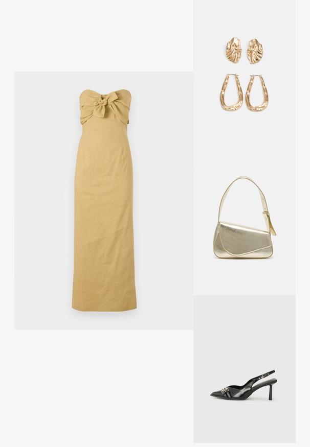 Ujj nélküli, világosbarna vászon hosszú ruha, amelynek a melle alatt masnis részlete van, és egyenes vonalban folyik a bokáig.; Fekete lakk bőr, hegyes orrú slingback cipő, boka pántokkal, ezüst csatokkal és hardverelemekkel, valamint karcsú sarkú.; Arany fémes kézi táska, strukturált dizájnnal, sima felülettel és állítható pánttal. Egyedi háromszög alakú, minimalistának mondható varrásokkal rendelkezik.; Aranyszínű fülbevalók, texturált, hullámos formákkal. Tartalmazza a szobrászati klipszes studokat és az open hoop kialakítást, kalapácsos felülettel.