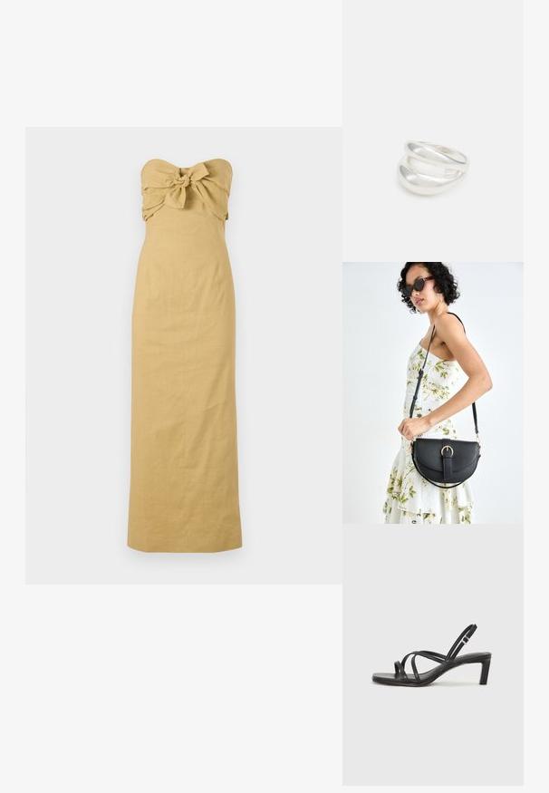 Długa sukienka bez ramiączek w jasnobrązowym lnie z węzłem zdobnym w dekolcie oraz prostą sylwetką sięgającą do kostek.; Czarne sandały na obcasie z prostokątnym noskiem i niskim słupkowym obcasem. Posiadają wiele cienkich pasków i regulowany pasek na kostkę. Wykonane z gładkiej skóry.; Czarna skórzana torebka o zakrzywionym kształcie, z odpinanym paskiem i złotymi akcentami. Torebka posiada klapę z zapięciem w kształcie klamry.; Srebrna obrączka podwójna z gładką, polerowaną powierzchnią. Posiada płynny, zakrzywiony kształt z nakładającymi się sekcjami, co nadaje nowoczesny wygląd.