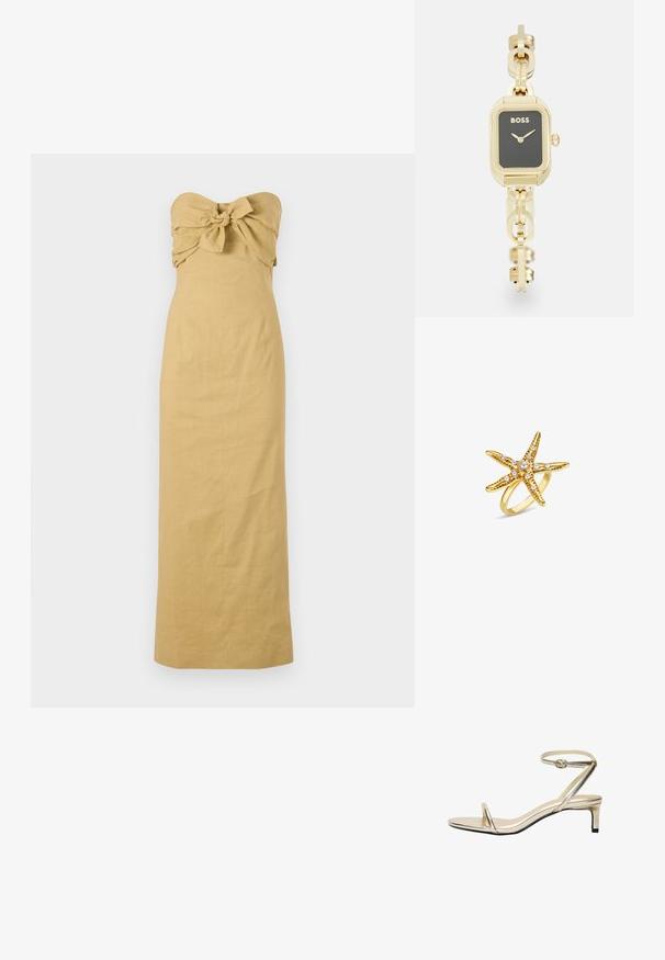 Bez naramenica, duga haljina od svijetlosmeđeg platna s čvorastim mašnom na grudima i ravnim siluetom koja se proteže do članaka.; Metalne zlatne sandale s tankim remenom oko gležnja, otvorenim prstima i niskom, blok petom. Sadrži minimalistički dizajn i glatku teksturu.; Pravokutni sat zlatne boje s crnim brojčanikom, povezana narukvica i "BOSS" brending. Ima minimalističke kazaljke i krunu.; Zlatni prsten u obliku zvijezde s bijelim biserima i teksturiranim detaljima na tijelu, postavljen na glatku traku.