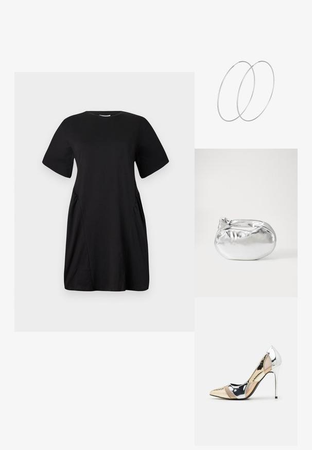 Robe noire à manches courtes en coton. Présente une coupe décontractée avec des coutures latérales froncées. Texture lisse et encolure ras du cou.; Chaussure à talon aiguille à bout pointu avec un schema de couleurs argent, or et nude. Fini brillant avec un design découpé, dotée d'un talon stiletto.; Pochette en métal argenté avec une forme douce et arrondie et un fermoir en haut noué. Fabriquée en simili cuir lisse.; Boucles d'oreilles en argent au design minimaliste. Forme circulaire, texture lisse et profil fin. Légères avec une finition polie.