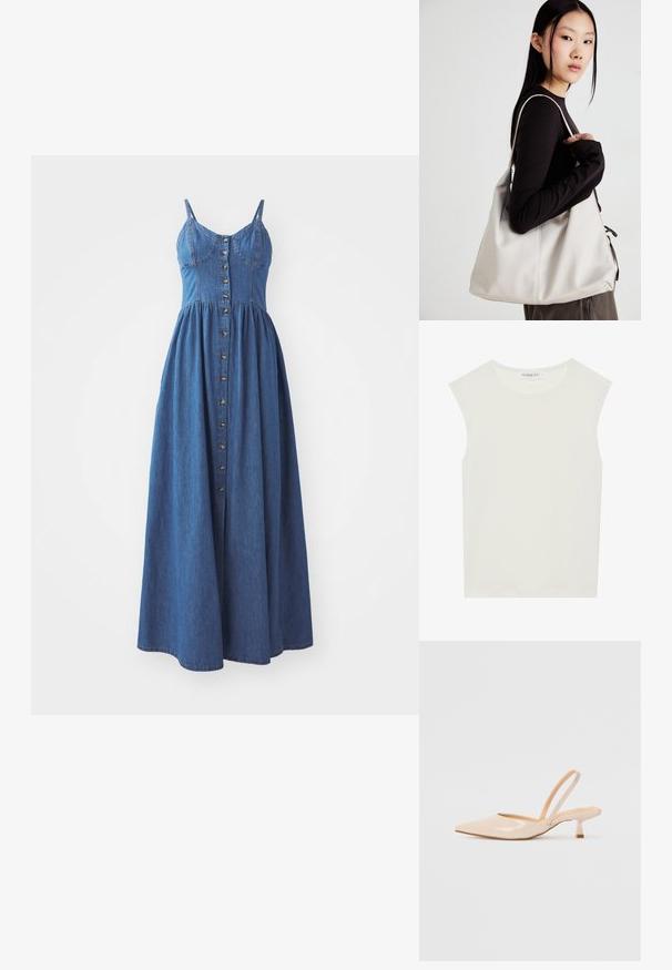 Denim maxikjole med justerbare stropper, knappelukking foran, tettsittende liv og flytende skjørt, i en middels blå vask.; Hvit ermeløs topp med rund hals. Laget av glatt stoff, har den en avslappet passform og minimalistisk design. Ingen mønstre eller detaljer.; Beige patenterte lærremmer med spiss tå og slank, firkantet hæl. Glatt tekstur og minimalistisk design uten dekorasjoner.; Beige håndveske laget av mykt materiale, med en slapp design, sydd detaljer og to skulderstropper. Passer for daglig bruk.