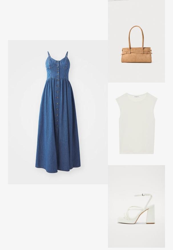 Denim maxi kleita ar regulējamiem siksnām, pogu aizdari, pieguļošu augšdaļu un plūstošu svārku, vidēji zilā tonī.; Balts bez piedurknēm tops ar apaļu kakla izgriezumu. Izgatavots no gludas auduma, tam ir brīvs piegriezums un minimālistisks dizains. Nav nekādas rakstainības vai akcentu.; Baltie platformas sandaļi ar biezu bloku papēdi, ar vairākiem plāniem siksniņām un pielāgojamu potītes siksniņu. Gluds sintētisks materiāls.; Salds zamšs rokassomu ar divām garām rokturiem, taisnstūra formā un dekoratīvām šuvēm. Iespējo sānu siksniņu un smalkus zelta aksesuārus.