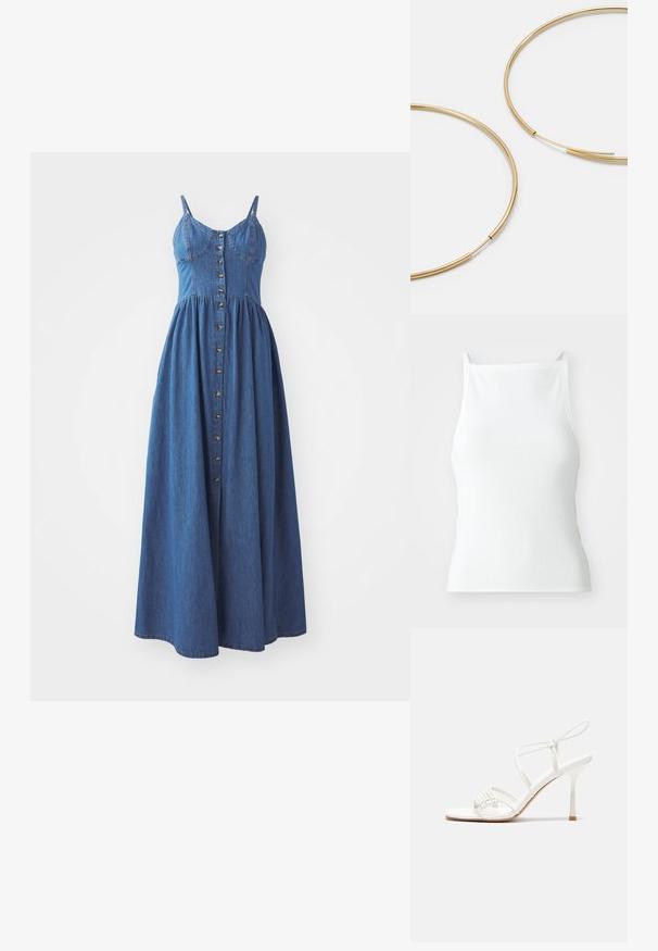 Denim maxi kleit reguleeritavate rihmadega, nööbist avatud esiosa, istuv korpus ja voogav seelik, keskmise sinise pesuga.; Valge ribadega tank topp õhukeste rihmadega, millel on vormiv disain ja sile tekstuur. Kangas näib elastne ja kergelt struktuurne.; Valge rihmadega kõrge kontsaga sandaal, millel on lamedad varbatoed, tekstuuriga esiosa kogutud detailidega ja kitsas pahkluu rihm.; Pruun nahast kott pehme tekstuuriga, millel on avar disain ja üks rihm. Kanda sinise denimapjakaga.; Kulla värvi nõelad, õhukesed ja ümmargused, millel on sile metallist pind ja ilma kaunistuste või mustriteta.