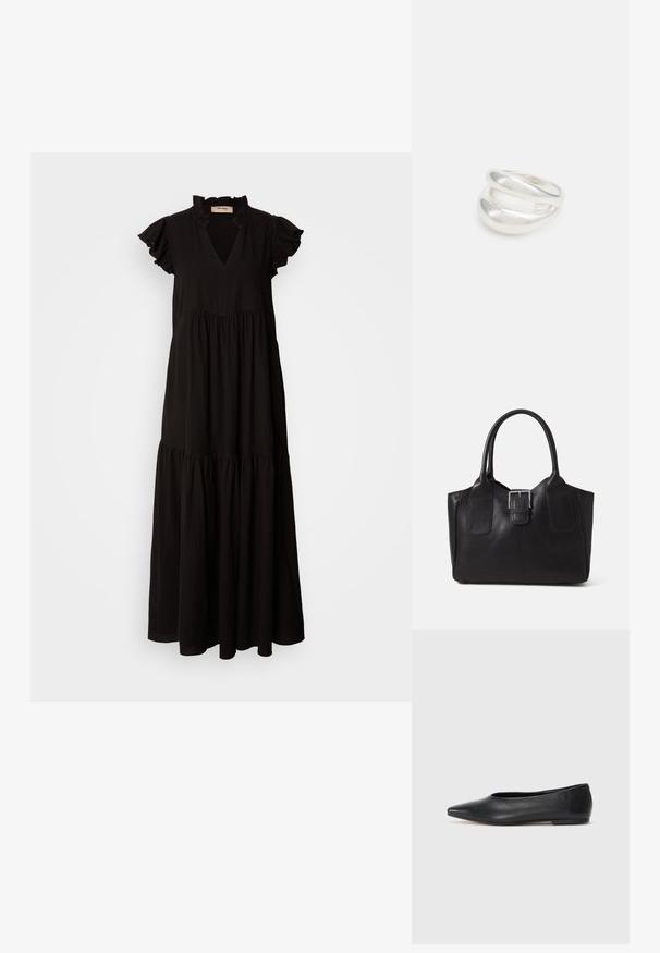 Črna maxi obleka z V-izrezom, nabranimi kratkimi rokavi, slojevitim krilom in gubanim trupom. Narejena iz lahkotnega, teksturiranega blaga.; Črne usnjene balerinke, koničast toe, minimalističen dizajn, gladka tekstura, nizka peta, brez vidnih kovinskih delov ali okraskov.; Črna usnjena torba s gladko teksturo, strukturirano obliko, dvema ročkama in izrazitim srebrnim sponko na sprednji strani.; Srebrn dvojni prstan z gladko, polirano površino. Ima tekoč, ukrivljen dizajn z prekrivajočimi se sekcijami za sodoben videz.