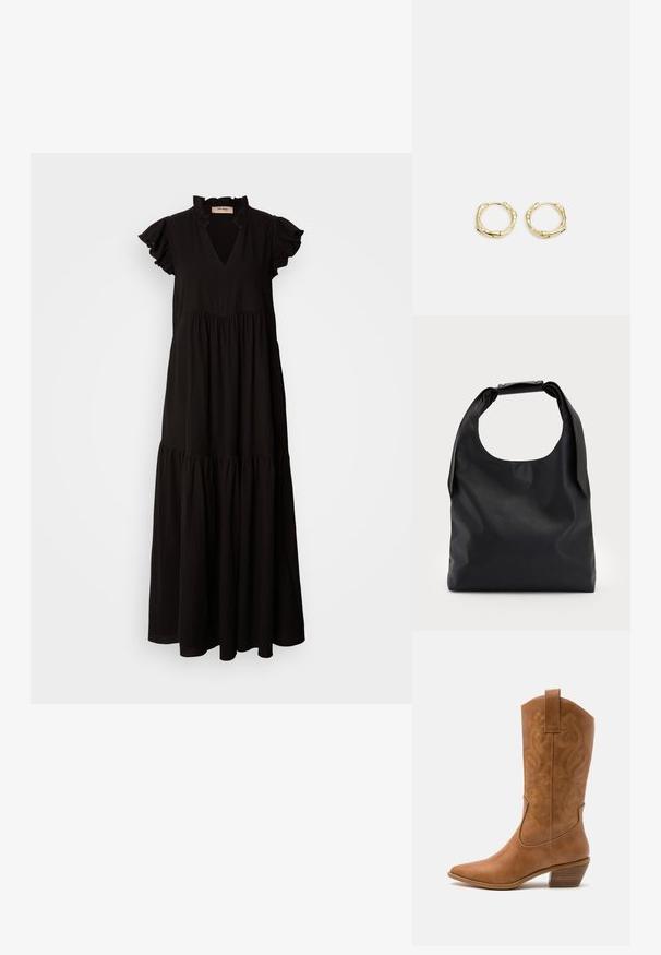 Čierne maxi šaty s výstrihom do V, volánovými krátkymi rukávmi, tiered suknou a smockovaným korzetom. Vyrobené z ľahkej a textúrovanej látky.; Hnedé kožené kovbojské topánky s špicatou špičkou, vyšívanými vírivkami na štýle a blokovým podpätkom. Obsahuje praktický pútko na ľahké obúvanie.; Čierna kožená hobo taška s jedným mäkkým, zaobleným uchom; má hladkú textúru a minimalistický dizajn. Žiadne viditeľné kovanie ani akcenty.; Zlaté kruhové náušnice s textúrovaným, nepravidelným tvarom. Majú bezšvové uzatváranie a lesklý povrch, čo podčiarkuje moderný dizajn.